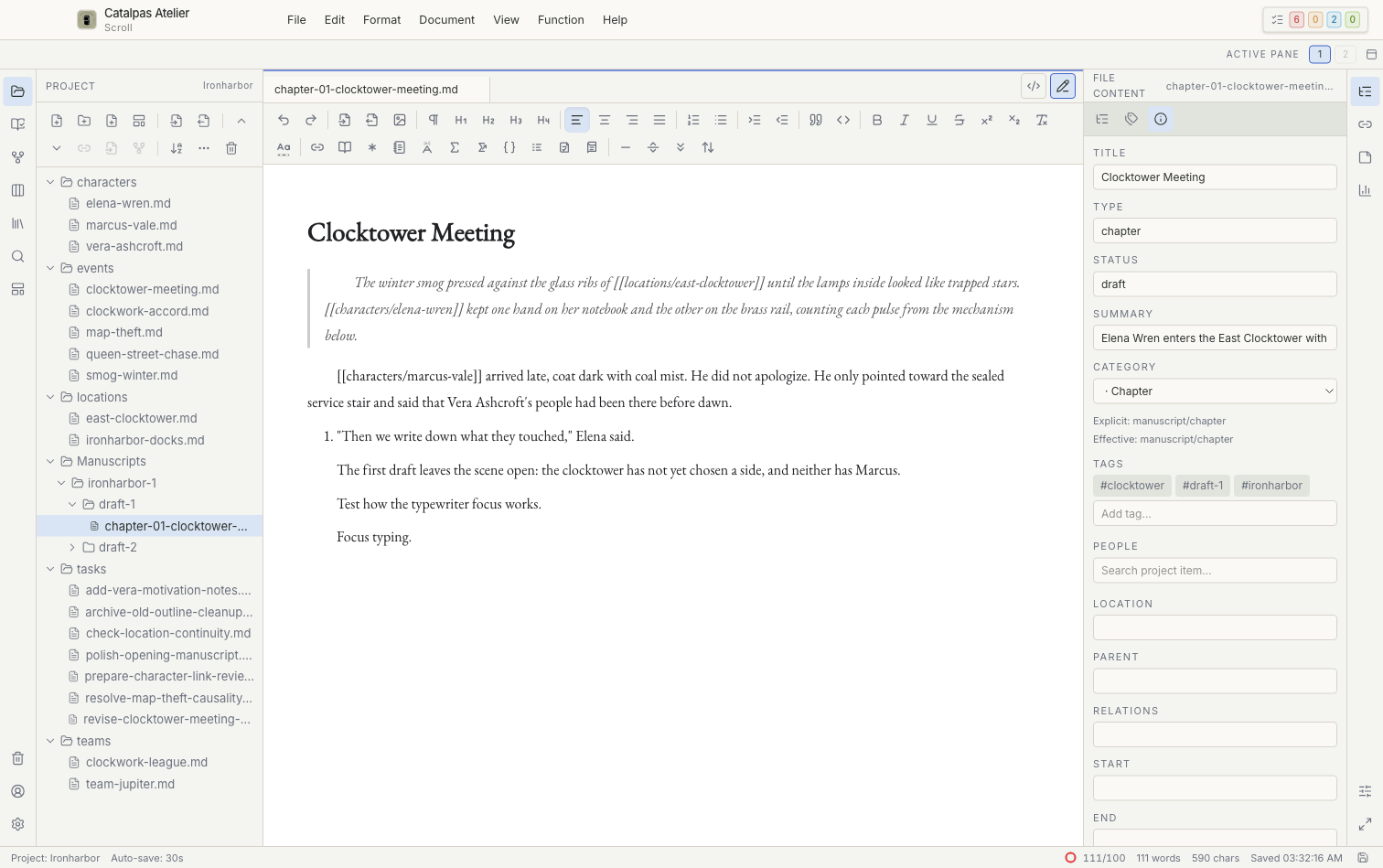 The Project tree, editor, and inspector in the English Scroll interface