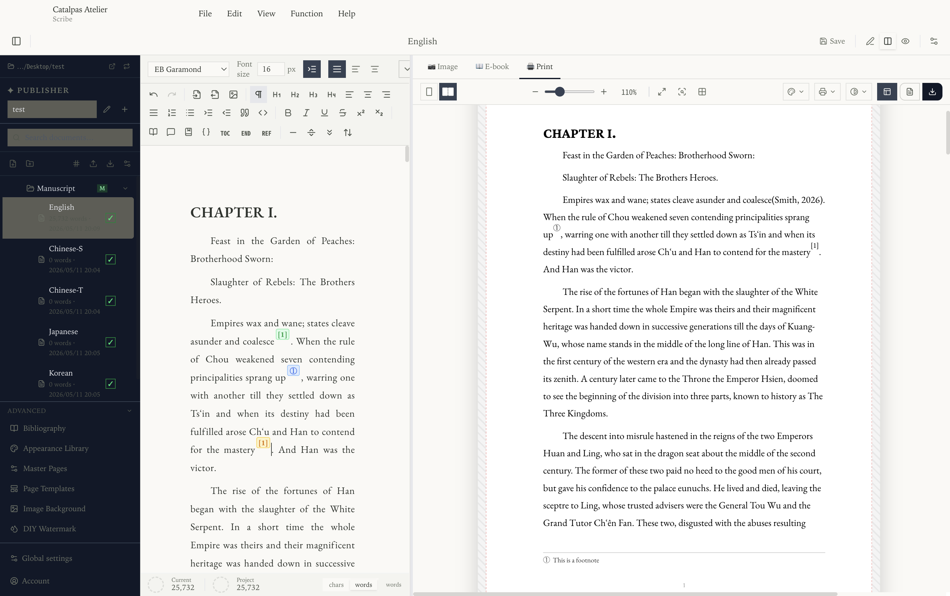 A finished short piece in Scribe — prose on the left, the typeset preview on the right