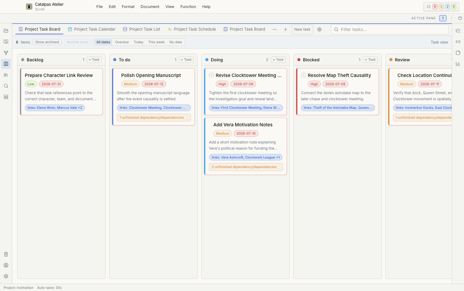 Tableau des tâches du Project, onglets de vues et détails dans l’interface anglaise de Scroll