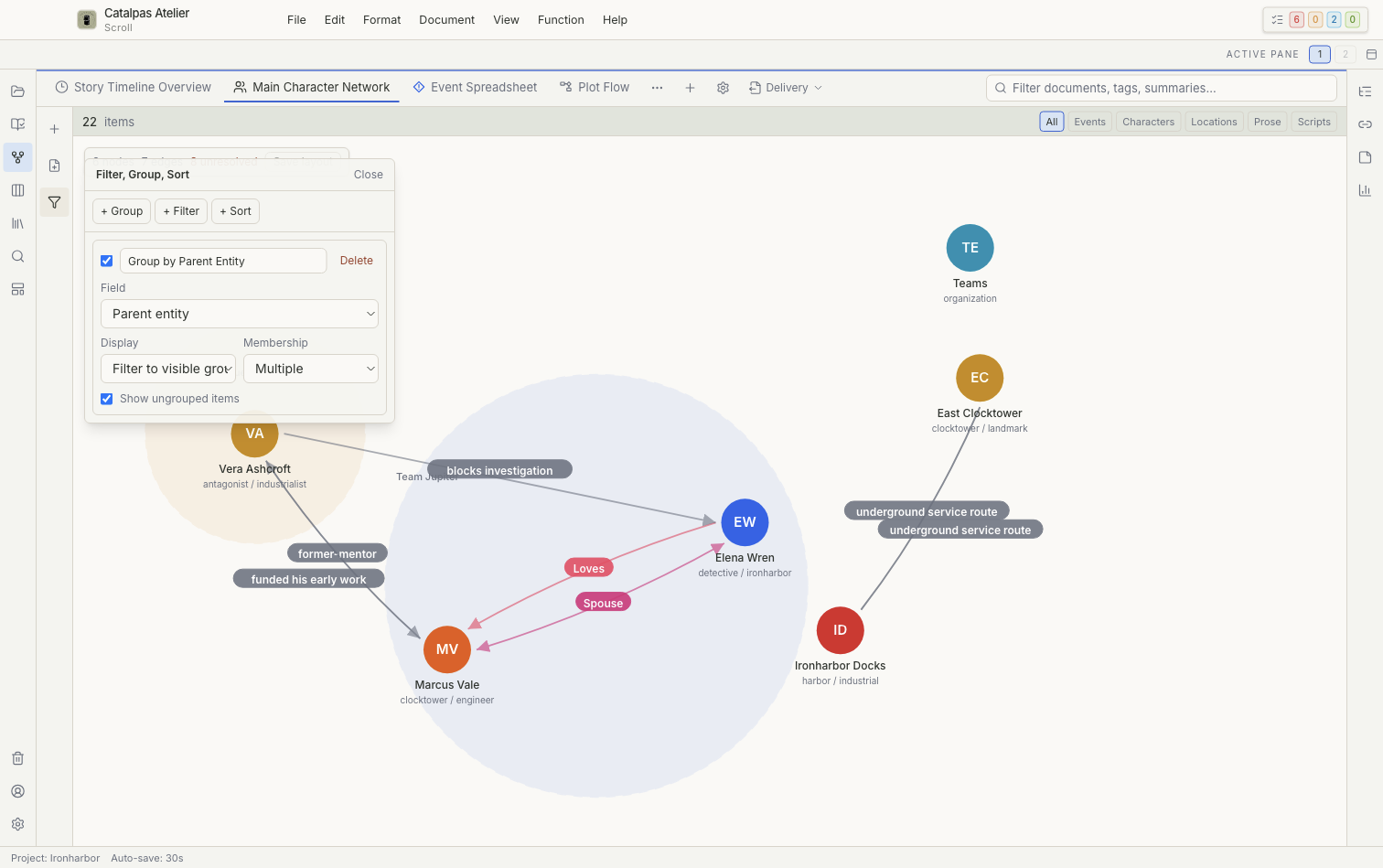 Réseau des personnages principaux et commandes Story dans l’interface anglaise de Scroll